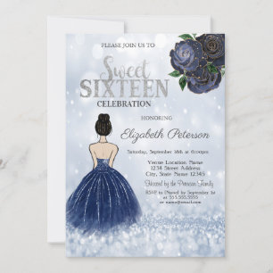 Invitation Robe Fille Bleu Marine Paillettes Bokeh Sweet 16