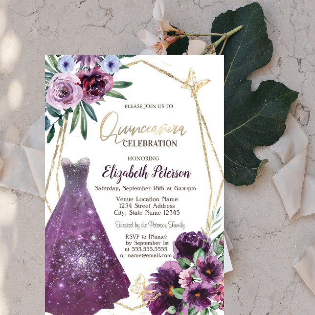 Invitation Robe fille, Fleurs violettes Papillon Quinceanera (Créateur téléchargé)