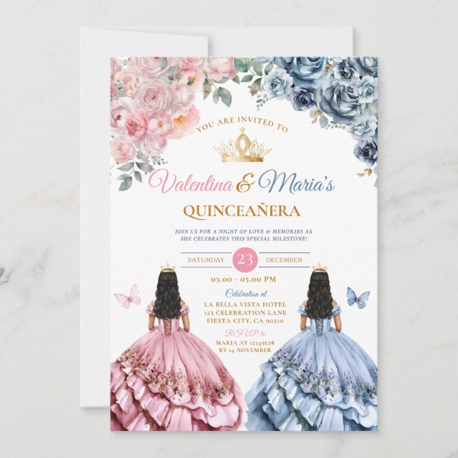 Invitation Robe fille jumelle Quinceañera 15 Anos Fleurs Or (Devant)