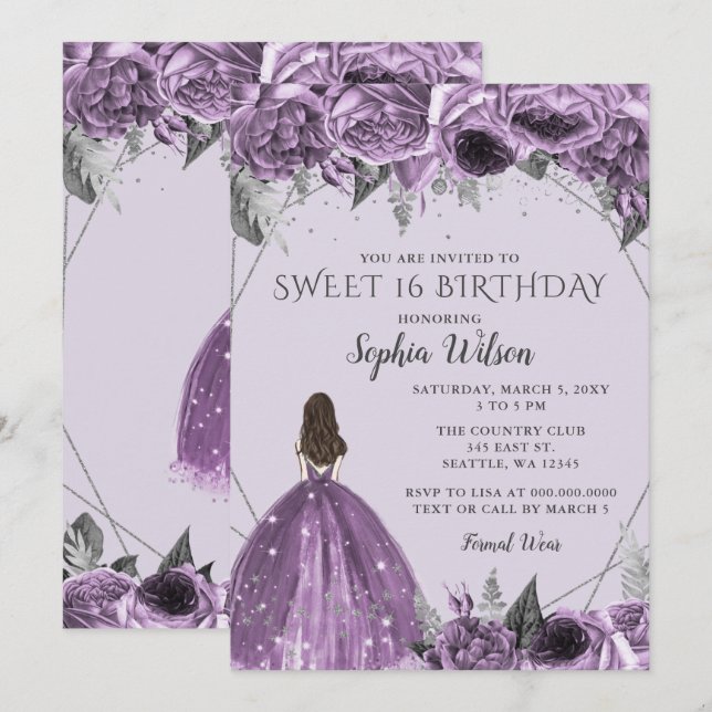 Invitation Robe fleurie argentée pourpre broche douce 16 Invi (Devant / Derrière)
