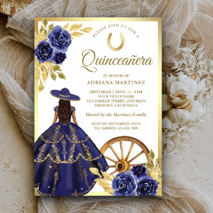 Invitation Robe Fleurie Bleu Marine Charro Or Quinceanera