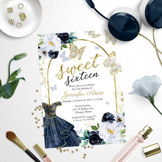 Invitation Robe Fleurie Bleu Marine "Sweet 16" Papillon (Créateur téléchargé)