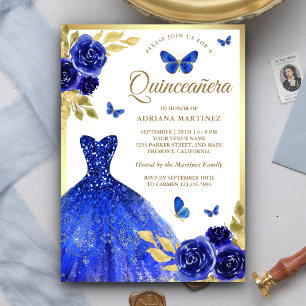 Invitation Robe Fleurie Bleu Royal Papillon Quinceanera Or