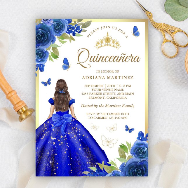 Invitation Robe Fleurie Bleue Royale Papillon Quinceanera (Créateur téléchargé)