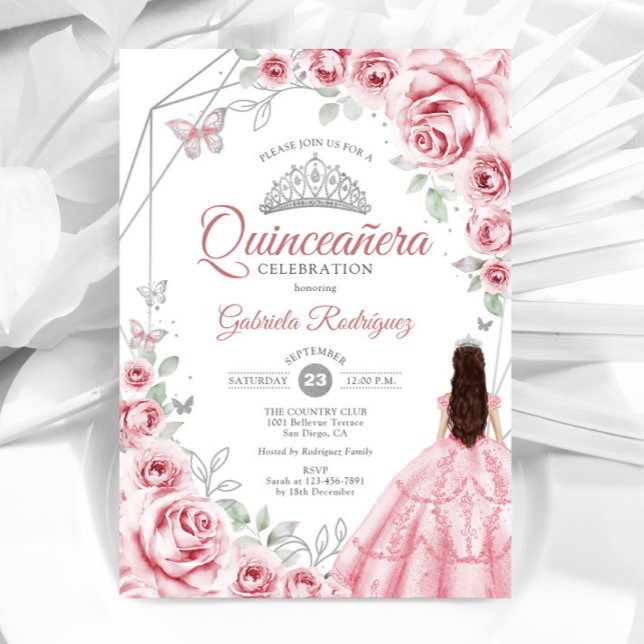 Invitation Robe Fleurie Rose Argent pour Quinceanera (Créateur téléchargé)