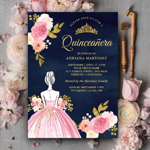 Invitation Robe Fleurie Rose Princesse Quinceanera Bleu Marin