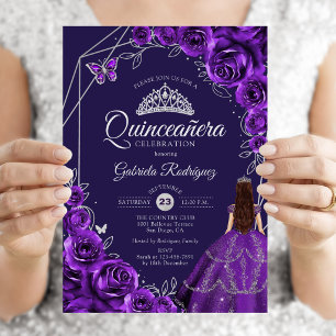 Invitation Robe Fleurie Violet Argent pour Quinceanera