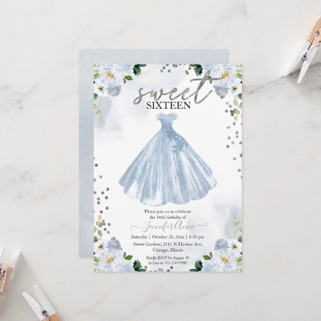 Invitation Robe Fleurs Aquarelle Bleue Sweet 16 (Devant/Arrière en situation)