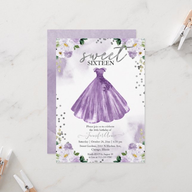Invitation Robe Fleurs Aquarelle Violette Sweet 16 (Devant/Arrière en situation)