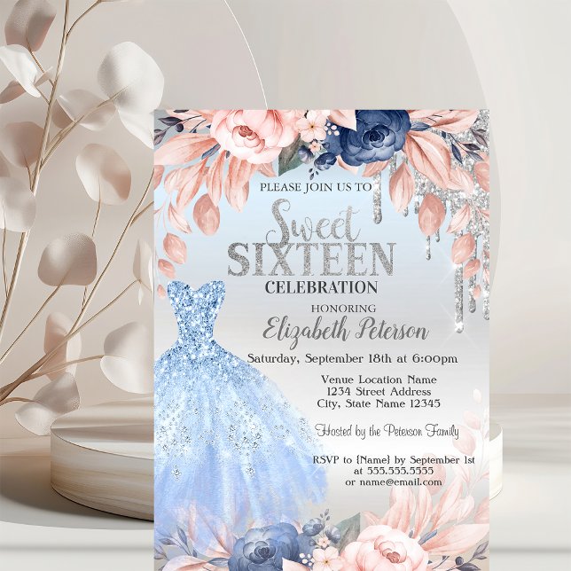 Invitation Robe Fleurs Bleues Paillettes Argentées Sweet 16  (Créateur téléchargé)