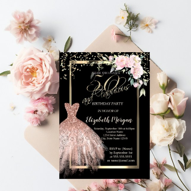 Invitation Robe, Fleurs de Confettis Rose Doré 50e Anniversai (Créateur téléchargé)
