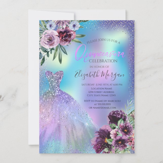 Invitation Robe, Fleurs Violettes Quinceañera Holographique  (Devant)