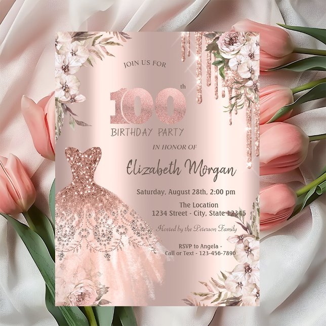Invitation Robe Florale avec Gouttes de Paillettes Rose Gold  (Créateur téléchargé)