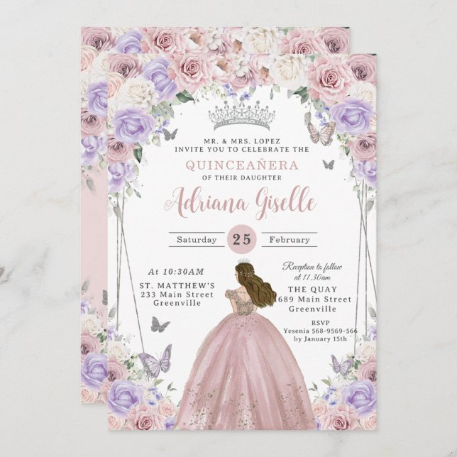 Invitation Robe florale blanche Lilac Quinceañera XV 16 (Devant / Derrière)