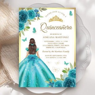 Invitation Robe Florale Bleu Aqua Papillon Or Quinceanera