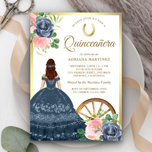 Invitation Robe florale bleu marine Charro Gold Quinceanera