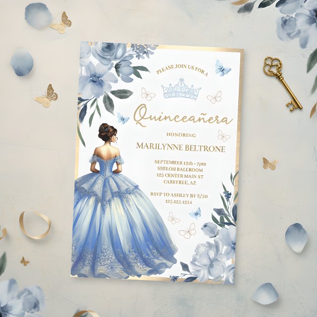 Invitation Robe florale bleue papillon Quinceañera  (Créateur téléchargé)