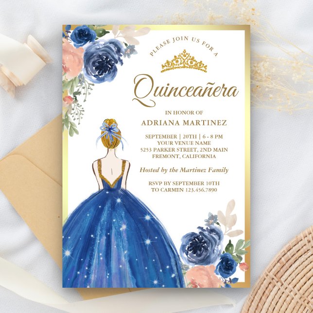 Invitation Robe Florale Bleue Royale Princesse Gold Quinceane (Créateur téléchargé)