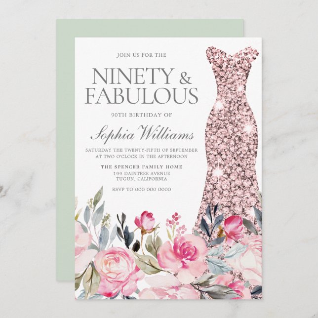 Invitation Robe florale Blush 90 et fabuleux 90e anniversaire (Devant / Derrière)