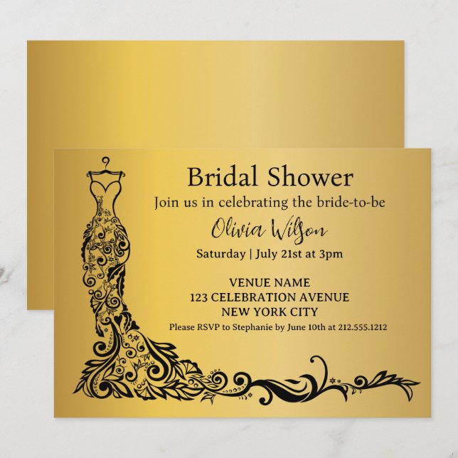 Invitation Robe florale bohème dorée élégante pour douche de  (Devant / Derrière)
