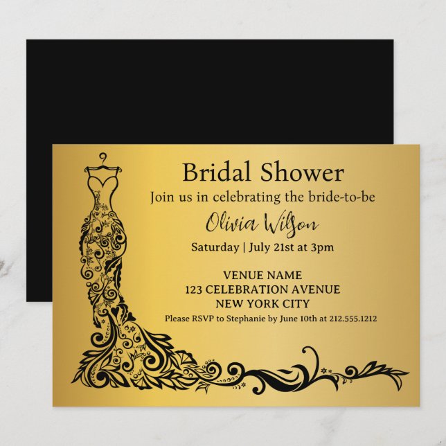 Invitation Robe florale bohème dorée élégante pour la douche  (Devant / Derrière)