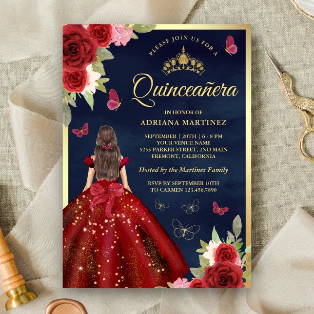 Invitation Robe florale Bourgogne papillon Marine Quinceanera (Créateur téléchargé)
