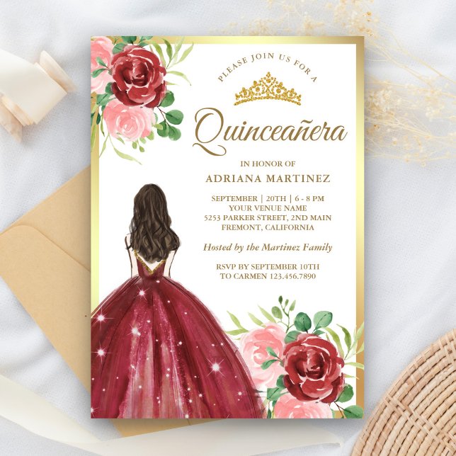 Invitation Robe Florale de Bourgogne Princesse Gold Quinceane (Créateur téléchargé)