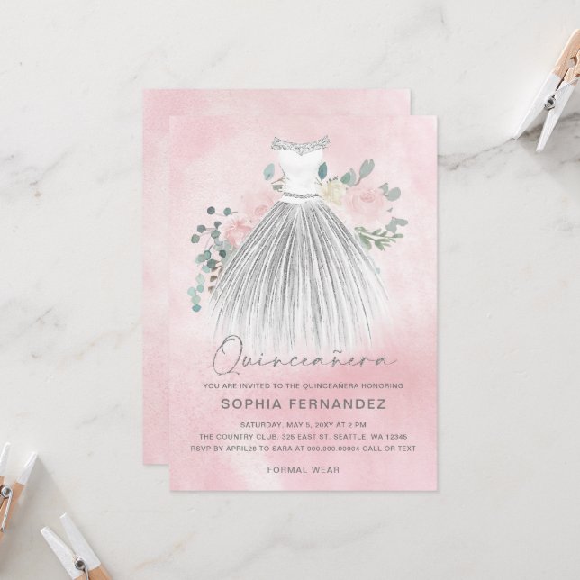 Invitation Robe florale de parties scintillant d'argent blanc (Devant/Arrière en situation)