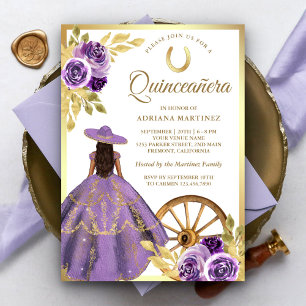 Invitation Robe florale Dusty Lilac Charro Gold Quinceanera