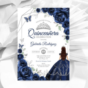 Invitation Robe florale en argent bleu Quinceanera Navy