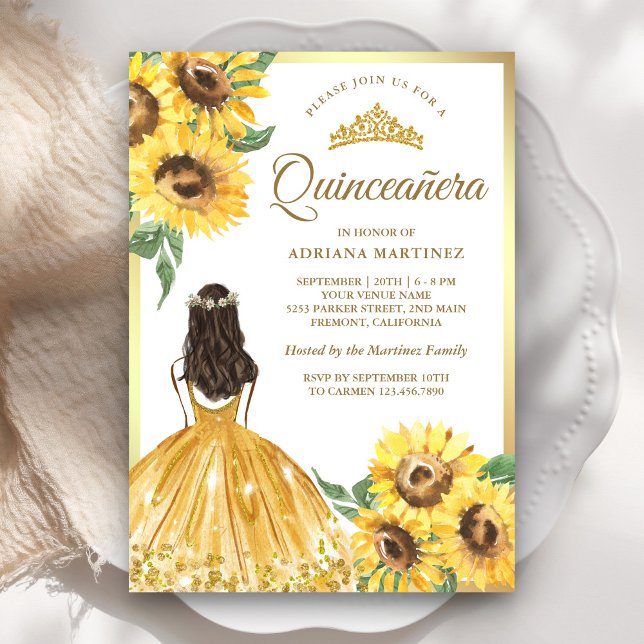Invitation Robe florale jaune Fleurs de soleil Quinceanera or (Créateur téléchargé)