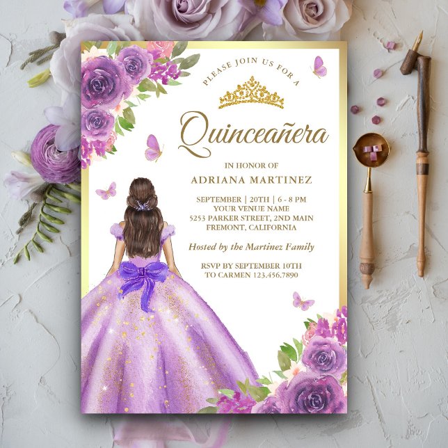 Invitation Robe florale lavande papillon Or Quinceanera (Créateur téléchargé)