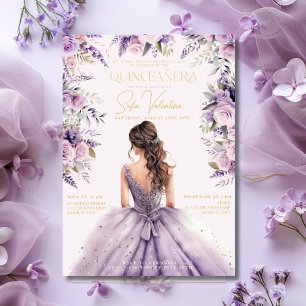 Invitation Robe florale lilas violet lavande Quinceañera Or