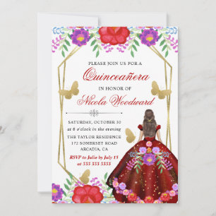 Invitation Robe florale mexicaine brunette Quinceañera