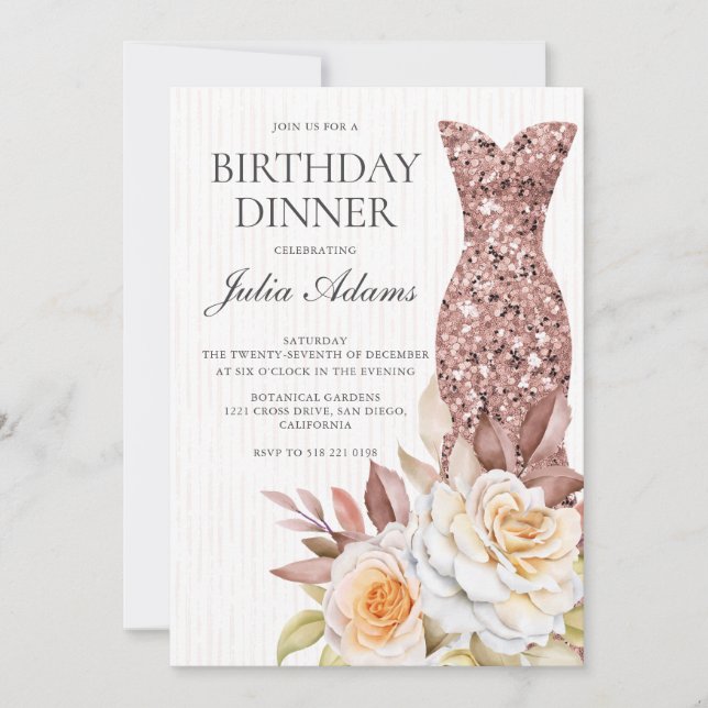 Invitation Robe florale moderne rose gold blush pour annivers (Devant)