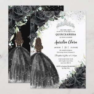 Invitation Robe florale noire Silver Quinceañera Sweet 16 XV
