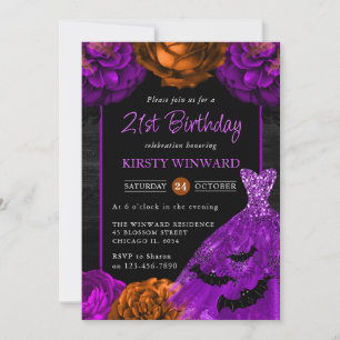 Invitation Robe florale orange et violette Halloween Annivers