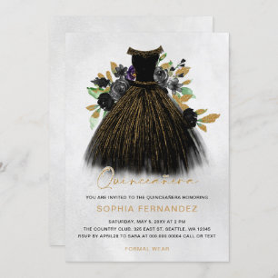 Invitation Robe Florale Parties scintillant or noir Quinceañe