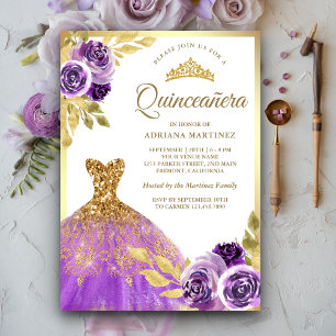 Invitation Robe Florale pourpre Étincelle Or Quinceanera