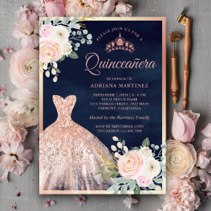 Invitation Robe Florale Rose Fardée Quinceanera Or Rose Navy