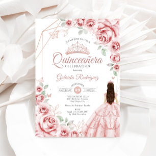 Invitation Robe Florale rose or Rose Quinceanera