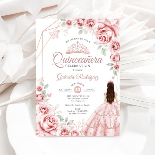 Invitation Robe Florale rose or Rose Quinceanera (Créateur téléchargé)