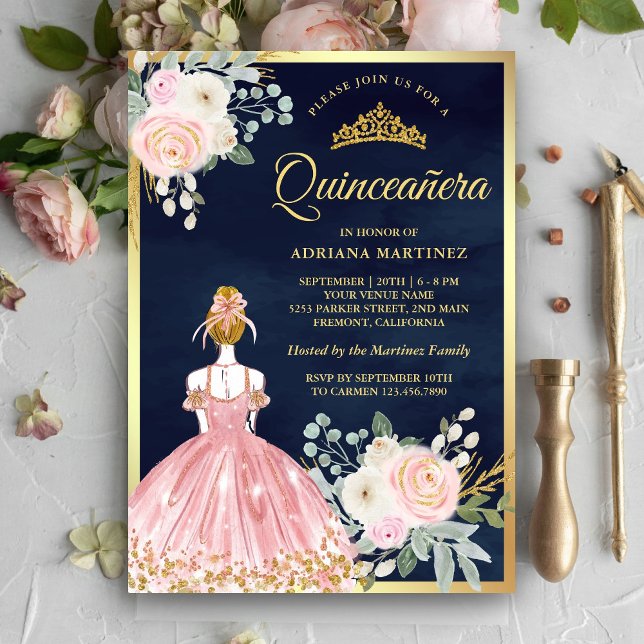 Invitation Robe florale rose pâle Marine bleu or Quinceanera (Créateur téléchargé)