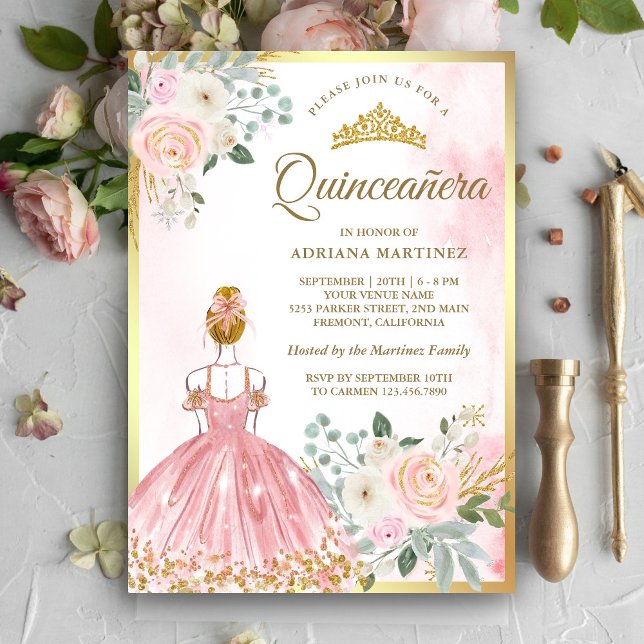 Invitation Robe Florale Rose Pâle Princesse Quinceanera Or Do (Créateur téléchargé)