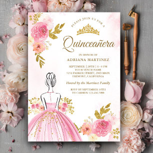 Invitation Robe Florale rose Princesse Or Quinceanera