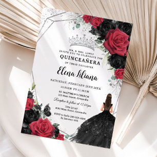 Invitation Robe Florale Rose Rouge Noir Argent Quinceañera