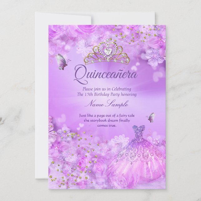 Invitation Robe florale rose violet pour princesse Quinceaner (Devant)