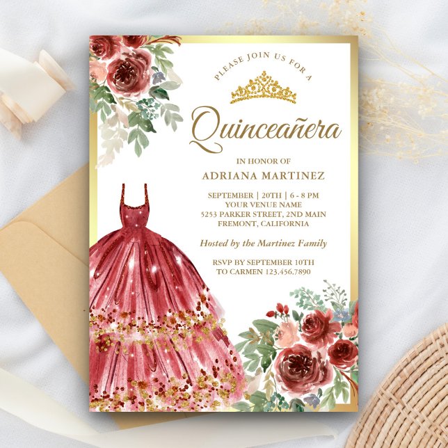 Invitation Robe Florale Rouge Marsala Quinceanera Or (Créateur téléchargé)