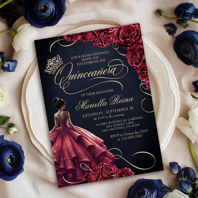 Invitation Robe Florale Rouge Quinceañera (Créateur téléchargé)
