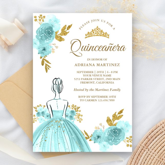 Invitation Robe florale sarcelle princesse Quinceanera or (Créateur téléchargé)